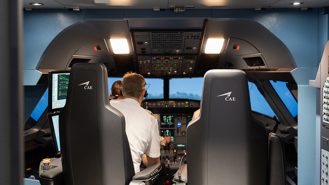 Blick in einen Cockpit-Simulator mit 2 Personen von hinten