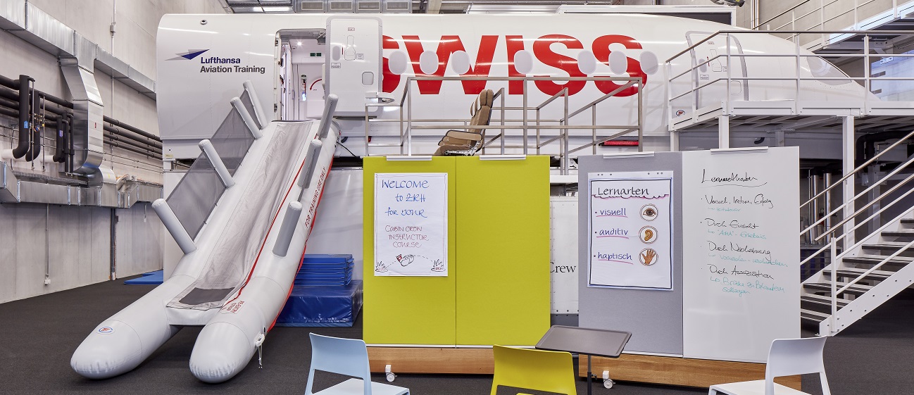 Im Vordergrund Dancing Walls mit Workshop Material, im Hintergrund ein CEET mit SWISS Branding in einer Halle.