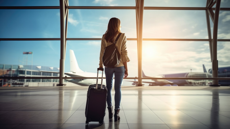 Eine Person mit langen Haaren steht mit einem Rollkoffer am Flughafen und blickt aus einer großen Fensterfront, vor der viele Flugzeuge stehen.